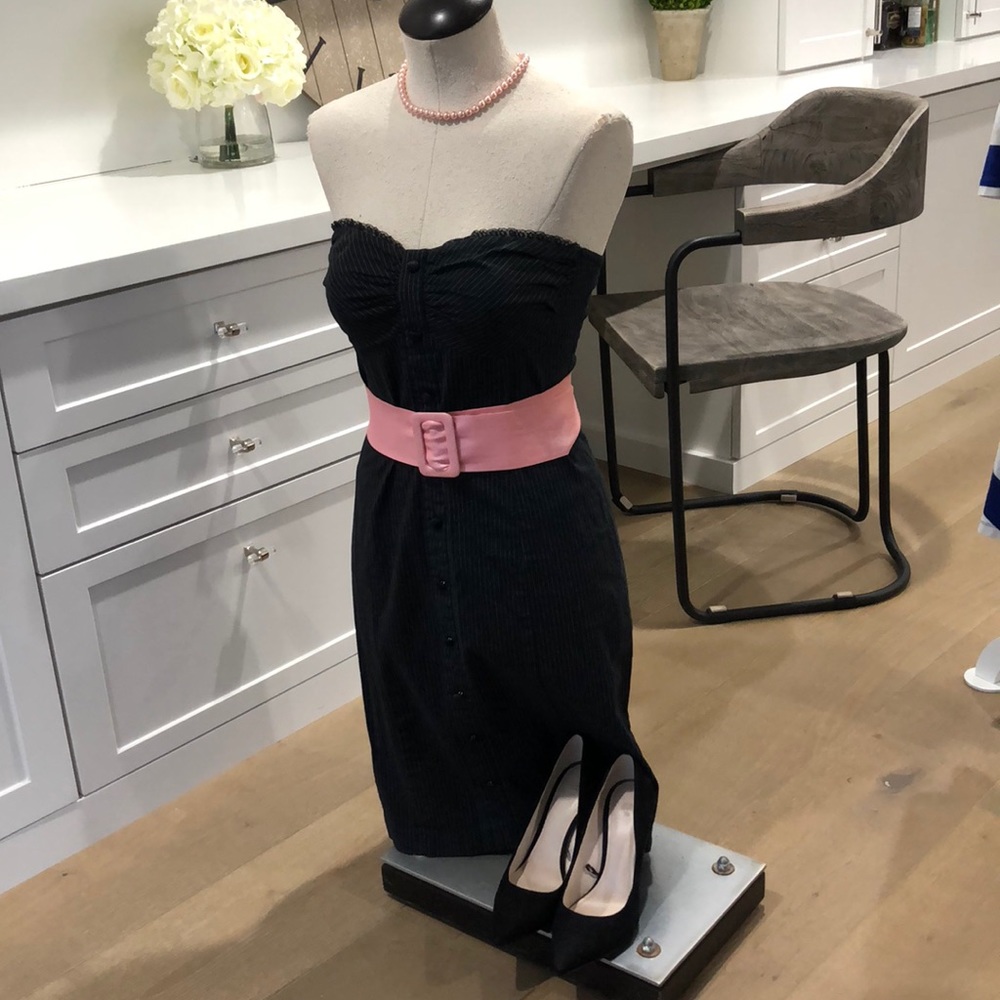 Black Pin Striped 3/4 Length Strapless Dress - image 2